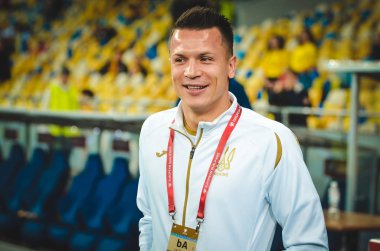 Kyiv, Ukrayna - 14 Ekim 2019: Uefa Euro 2020 ön eleme karşılaşmasında Yevhen Konoplianka ile Portekiz milli takımı Ukrayna arasında oynanan karşılaşma