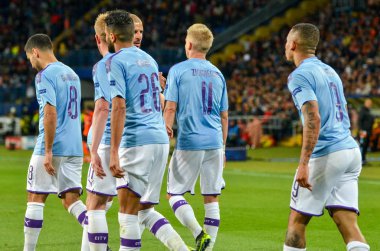 Kharkiv, Ukrayna - 18 Eylül 2019: Manchester City, Uefa Şampiyonlar Ligi maçında attığı golü kutladı