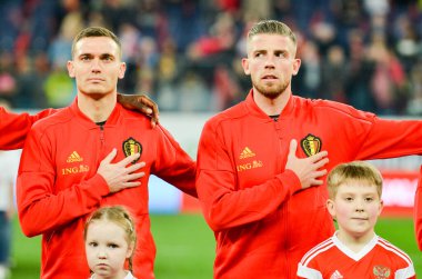 SAINT-PETERSBURG, RUSSIA - November 16, 2019: Toby Alderweireld and Thomas Vermaelen player during UEFA EURO 2020 qualifying match between Russia against Belgium team, Russia