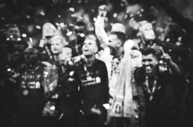 Istanbul, Turkey - August 14, 2019: Liverpool footballers celebrate victory at award ceremony during the UEFA Super Cup Finals match between Liverpool and Chelsea at Vodafone Park, Turkey