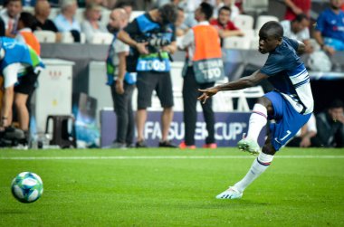 Istanbul, Turkey - August 14, 2019: N'Golo Kante player during the UEFA Super Cup Finals match between Liverpool and Chelsea in Vodafone Arena stadium, Turkey