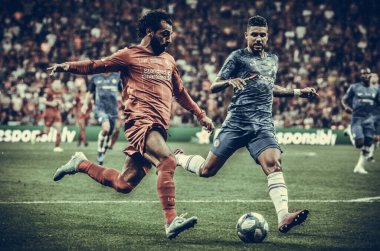 Istanbul, Turkey - August 14, 2019: Mohamed Salah and Emerson during the UEFA Super Cup Finals match between Liverpool and Chelsea at Vodafone Park in Vodafone Arena, Turkey