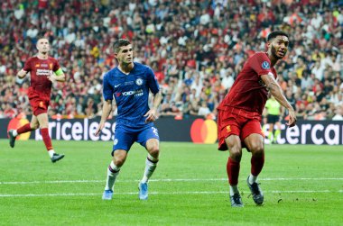 İstanbul, Türkiye - 14 Ağustos 2019: Türkiye 'nin Vodafone Arena kentindeki Vodafone Park' ta Liverpool ile Chelsea arasında oynanan Uefa Süper Kupası Finalleri 'nde Hıristiyan Pulisiç oyuncusu