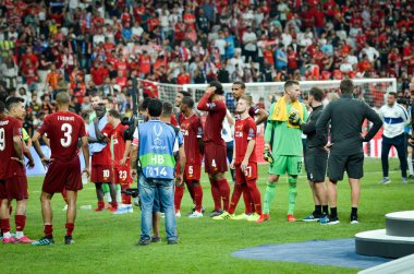 Istanbul, Turkey - August 14, 2019: Liverpool footballers celebrate victory in the UEFA Super Cup Finals match between Liverpool and Chelsea at Vodafone Park in Vodafone Arena, Turkey