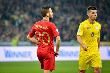 Kyiv, Ukrayna - 14 Ekim 2019: Uefa Euro 2020 ön eleme karşılaşmasında Ukrayna milli takımı Ukrayna ile Ukrayna milli takımı arasında oynanan karşılaşmada Bernardo Silva