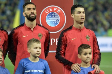 Kyiv, Ukrayna - 14 Ekim 2019: Rui Patricio ve Cristiano Ronaldo Uefa Euro 2020 ön eleme maçında milli takım Ukrayna ile Portekiz, Ukrayna arasında oynanan karşılaşma