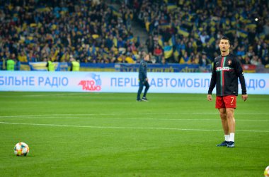 Kyiv, Ukrayna - 14 Ekim 2019: Uefa Euro 2020 ön eleme maçında Ukrayna milli takımı Ukrayna ile Ukrayna milli takımı arasında oynanan Cristiano Ronaldo
