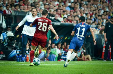 Istanbul, Turkey - August 14, 2019:  Andrew Robertson and Pedro during the UEFA Super Cup Finals match between Liverpool and Chelsea at Vodafone Park in Vodafone Arena, Turkey