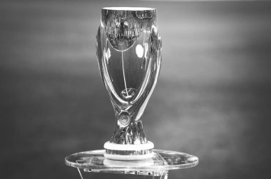 Istanbul, Turkey - August 14, 2019: Official 2019 UEFA Super Cup in Istanbul is on the pedestal during the UEFA Super Cup Finals match between Liverpool and Chelsea at Vodafone Park, Turkey