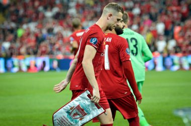 İstanbul, Türkiye - 14 Ağustos 2019: Türkiye 'nin Vodafone Arena kentindeki Vodafone Park' ta Liverpool ile Chelsea arasında oynanan Uefa Süper Kupası Finalleri sırasında futbolcu