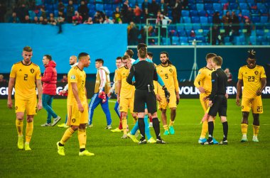 SAINT-PETERSBURG, RUSSIA - November 16, 2019: Belgian national football team celebrate victory  after UEFA EURO 2020 qualifying match between national team Russia against Belgium, Russia