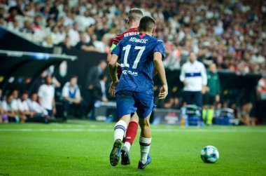 Istanbul, Turkey - August 14, 2019: Jordan Henderson and Mateo Kovacic during the UEFA Super Cup Finals match between Liverpool and Chelsea at Vodafone Park in Vodafone Arena, Turkey