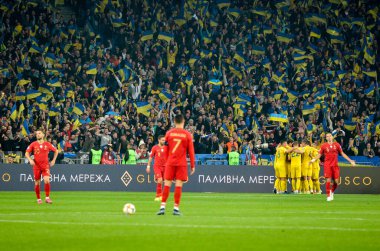 Kyiv, Ukrayna - 14 Ekim 2019: Uefa Euro 2020 ön eleme maçında Ukrayna milli takımı Ukrayna ile Portekiz milli takımı Ukrayna arasındaki golü kutladı