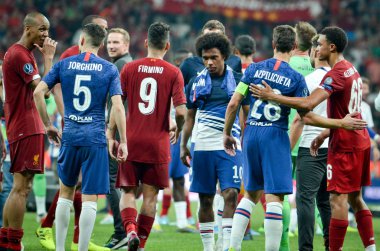 Istanbul, Turkey - August 14, 2019: Liverpool footballers celebrate victory in the UEFA Super Cup Finals match between Liverpool and Chelsea at Vodafone Park in Vodafone Arena, Turkey