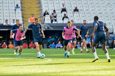 İstanbul, Türkiye - 14 Ağustos 2019: Türkiye 'nin Vodafone Arena kentindeki Vodafone Park' ta Liverpool ile Chelsea arasında oynanan Uefa Süper Kupa Finalleri öncesinde Chelsea futbolcuları antrenman oturumu
