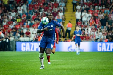 Istanbul, Turkey - August 14, 2019: Kurt Zouma during the UEFA Super Cup Finals match between Liverpool and Chelsea at Vodafone Park in Vodafone Arena, Turkey