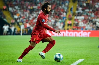 Istanbul, Turkey - August 14, 2019: Mohamed Salah player during the UEFA Super Cup Finals match between Liverpool and Chelsea at Vodafone Park in Vodafone Arena, Turkey