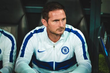 Istanbul, Turkey - August 14, 2019: Coach Frank Lampard with referee during the UEFA Super Cup Finals match between Liverpool and Chelsea at Vodafone Park in Vodafone Arena, Turkey