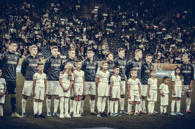 DNIPRO, UKRAINE - September 10, 2019: Ukraine  national team starting lineup player during the friendly match between national team Ukraine against Nigeria national team, Ukraine