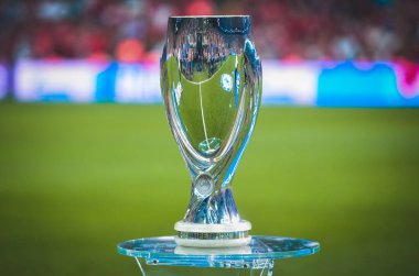 Istanbul, Turkey - August 14, 2019: Official 2019 UEFA Super Cup in Istanbul is on the pedestal during the UEFA Super Cup Finals match between Liverpool and Chelsea at Vodafone Park, Turkey