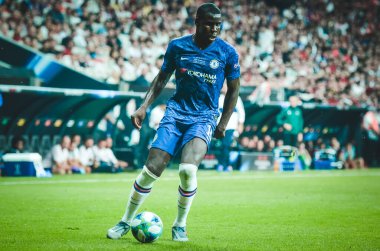 Istanbul, Turkey - August 14, 2019: Kurt Zouma during the UEFA Super Cup Finals match between Liverpool and Chelsea at Vodafone Park in Vodafone Arena, Turkey