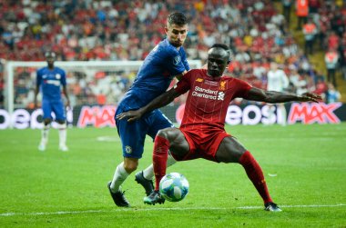 Istanbul, Turkey - August 14, 2019: Jorginho and Sadio Mane during the UEFA Super Cup Finals match between Liverpool and Chelsea at Vodafone Park in Vodafone Arena, Turkey