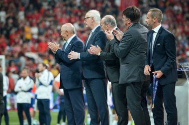 Istanbul, Turkey - August 14, 2019: Alexander Cheferin and Uefa leadership present medals at the award ceremony during the UEFA Super Cup Finals match between Liverpool and Chelsea, Turkey