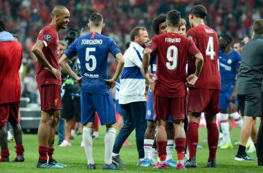 Istanbul, Turkey - August 14, 2019: Liverpool footballers celebrate victory in the UEFA Super Cup Finals match between Liverpool and Chelsea at Vodafone Park in Vodafone Arena, Turkey