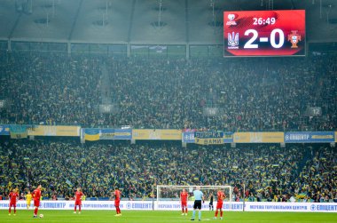 Kyiv, Ukrayna - 14 Ekim 2019: Uefa Euro 2020 ön eleme karşılaşmasında Ukrayna adına Ukrayna stadyumdaki skor 2-0.