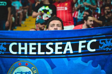 Istanbul, Turkey - August 14, 2019: Chelsea  Football fans and spectators during the UEFA Super Cup Finals match between Liverpool and Chelsea at Vodafone Park in Vodafon Arena, Turkey