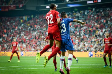 Istanbul, Turkey - August 14, 2019: Emerson and Joel Matip during the UEFA Super Cup Finals match between Liverpool and Chelsea at Vodafone Park in Vodafone Arena, Turkey
