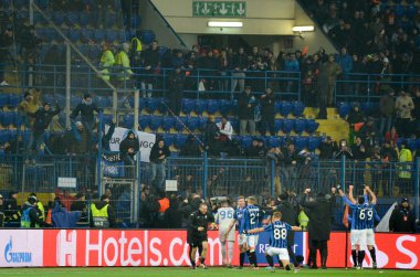 KHARKIV, UKRAINE - December 11, 2019: Atalanta player celebrate their team getting to the next round of the 1/8 finals Champions League, Ukraine