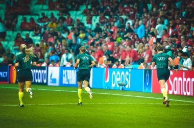 Istanbul, Turkey - August 14, 2019: Women's Referees Panel led by Judge Stephanie Frappart during the UEFA Super Cup Finals match between Liverpool and Chelsea in Vodafon Arena stadium, Turkey