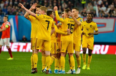 SAINT-PETERSBURG, RUSSIA - November 16, 2019: Belgium national team celebrate goal scored during UEFA EURO 2020 qualifying match between Russia against Belgium team, Russia