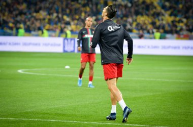 Kyiv, Ukrayna - 14 Ekim 2019: Uefa Euro 2020 ön eleme karşılaşmasında Ukrayna milli takımı Ukrayna ile Ukrayna milli takımı arasında oynanan karşılaşma sırasında Cristiano Ronaldo