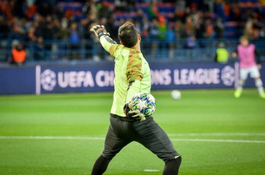KHARKIV, UKRAINE - September 18, 2019: Goalkeeper throws the ball into the field during the UEFA Champions League match between Shakhtar Donetsk vs Manchester City, Ukraine