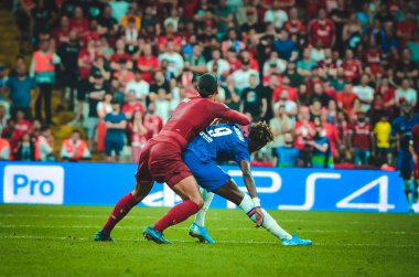 Istanbul, Turkey - August 14, 2019: Virgil van Dijk and Tammy Abraham during the UEFA Super Cup Finals match between Liverpool and Chelsea at Vodafone Park , Turkey