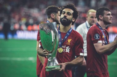 Istanbul, Turkey - August 14, 2019: Mohamed Salah celebrate with UEFA Super Cup 2019 at Vodafone Park in Vodafone Arena, Turkey
