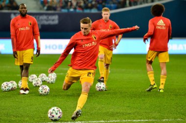 SAINT-PETERSBURG, RUSSIA - November 16, 2019: Timothy Castagne and Belgium national football team training session during UEFA EURO 2020 qualifying match between Russia against Belgium, Russia