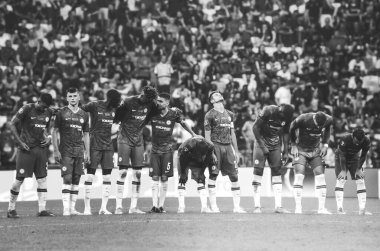 Istanbul, Turkey - August 14, 2019: Chelsea Football players awaiting a penalty shootout during the UEFA Super Cup Finals match between Liverpool and Chelsea at Vodafone Park, Turkey