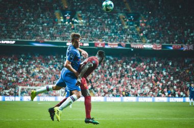 Istanbul, Turkey - August 14, 2019: Cesar Azpilicueta and Sadio Mane during the UEFA Super Cup Finals match between Liverpool and Chelsea at Vodafone Park in Vodafone Arena, Turkey