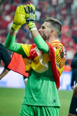 İstanbul, Türkiye - 14 Ağustos 2019: Vodafone Arena, Türkiye 'deki Vodafone Park' ta Liverpool ile Chelsea arasında oynanan Uefa Süper Kupası Finalleri 'nde Adrian oyuncusu