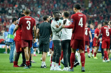 Istanbul, Turkey - August 14, 2019: Liverpool footballers celebrate victory in the UEFA Super Cup Finals match between Liverpool and Chelsea at Vodafone Park in Vodafone Arena, Turkey