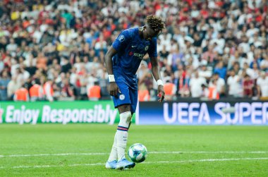 Istanbul, Turkey - August 14, 2019: Tammy Abraham hit penalty during the UEFA Super Cup Finals match between Liverpool and Chelsea at Vodafone Park in Vodafone Arena, Turkey