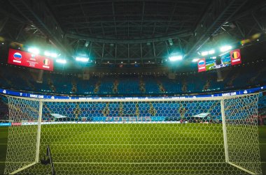 SAINT-PETERSBURG, RUSSIA - November 16, 2019: General view of the Gazprom Arena stadium behind the gate during UEFA EURO 2020 qualifying match between national team Russia against Belgium, Russia