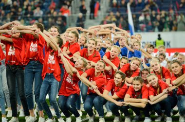 SAINT-PETERSBURG, RUSSIA - November 16, 2019: Perfomens girls with presentation before UEFA EURO 2020 qualifying match between national team Russia against Belgium national team, Russia