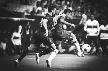 Istanbul, Turkey - August 14, 2019: Cesar Azpilicueta and Andrew Robertson during the UEFA Super Cup Finals match between Liverpool and Chelsea at Vodafone Park in Vodafone Arena, Turkey