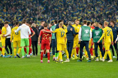 Kyiv, Ukrayna - 14 Ekim 2019: Ukrayna Millî Futbol Takımı Portekiz 'e karşı kazanılan zaferi ve 2020 Euro ödüllü Uefa Euro 2020 ön eleme karşılaşmasında birinciliği kutladı, Ukrayna