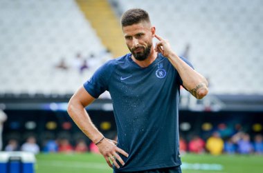 İstanbul, Türkiye - 14 Ağustos 2019: Uefa Süper Kupası Finallerinden önce Olivier Giroud Liverpool ile Chelsea arasında Vodafone Park, Vodafone Arena, Türkiye