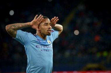 KHARKIV, UKRAINE - September 18, 2019: Portrait Gabriel Jesus celebrate goal scored close up during the UEFA Champions League match between Shakhtar vs Manchester City, Ukraine